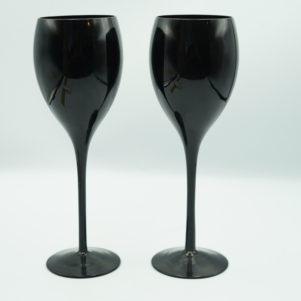 Vintage Opaque Black Glass Wine Goblets Long Stem Set Witch Goth Whimsical Vamp